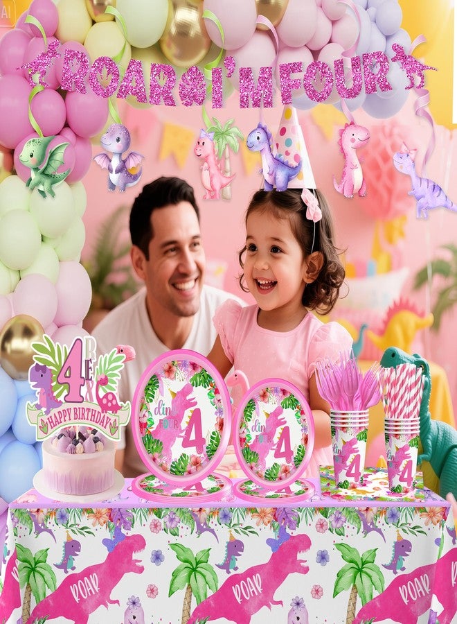 BEOXAGAR Pink Girl Dinosaur 4th Birthday Decorations for Dino-Four dinosaurs girl Birthday Party Tableware Set include Glitter Roar I'm Four Banner Plates Napkins Cups Tablecloth for 4th Girls Party Supplies - Image 3